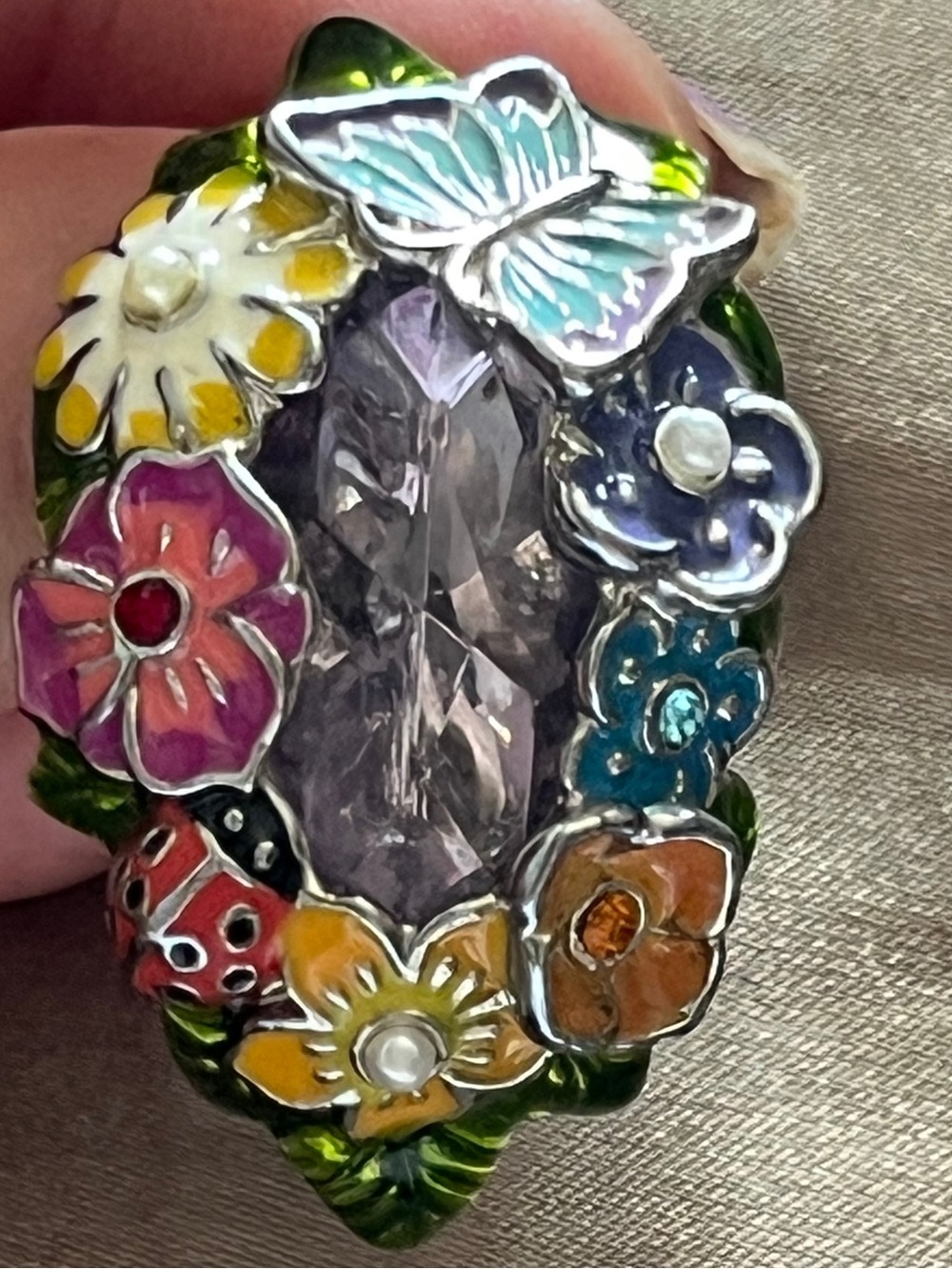 Avon vintage ring flowers butterfly stones light mauve whimsical fairy unique